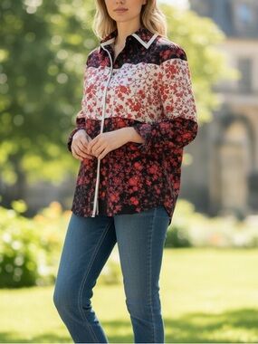 PREEN Red White Black Floral Button Down Blouse